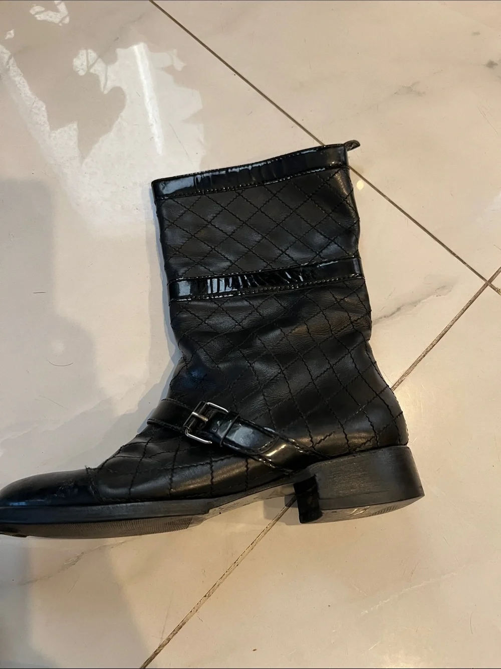 CHANEL Black Quilted Leather Lace-Up Mid-Calf Boots with Buckle